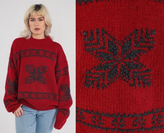 Red Snowflake Sweater 90s Wool Knit Pullover Sweater Fair Isle Geometric Striped Crewneck Jumper Nordic Knitwear Black 1990s Vintage Large L