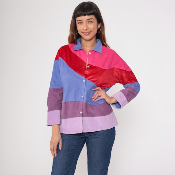 70s Corduroy Color Block Shirt Striped Button Up Blouse Pink Purple Red Bohemian Hippie Top 1970s Vintage Long Sleeve Boho Large L