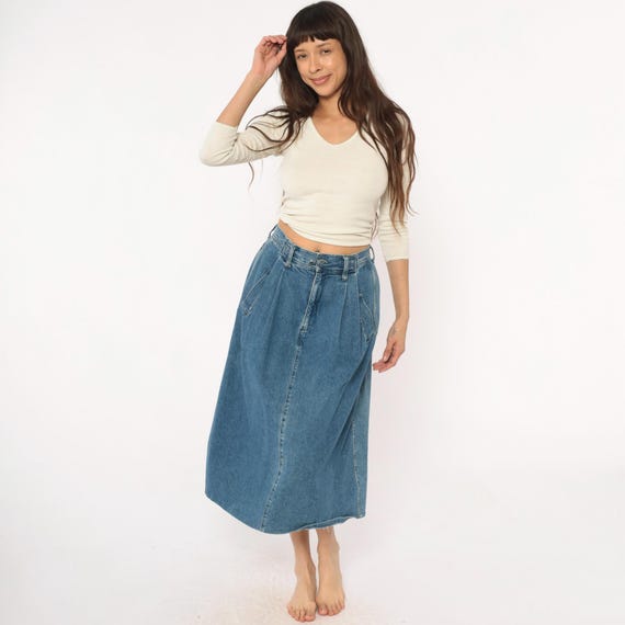 Pleated Denim Skirt 90s Dockers High Waist Blue Medium Wash Preppy Dark Academia Casual Vintage Grunge Alt Western Rodeo Cowgirl Medium M
