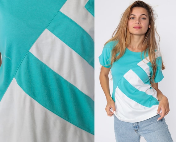 Turquoise Color Block Shirt Blue Striped T Shirt 80s Tshirt Short Sleeve Top Retro Shirt Vintage 1980s White Short Sleeve Medium