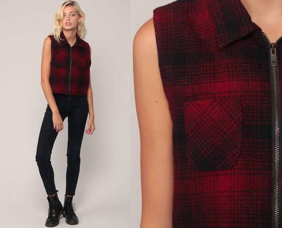 Red Plaid Vest 90s Wool Vest Red Plaid Flannel Vest Sleeveless Jacket Grunge Winter Vest 1990s Zip Up Lumberjack Vintage Black Medium