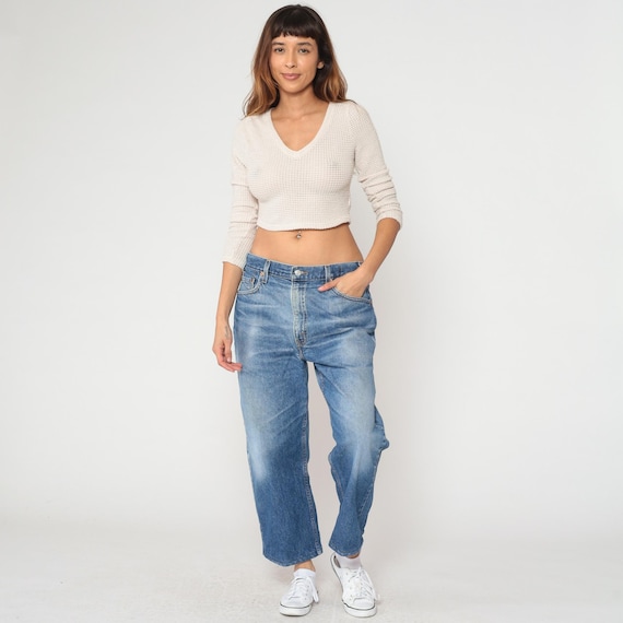 90s Levi's Wide Leg Cropped Ankle Jeans Length Blue Denim Vintage Hemmed High Waisted Relaxed Fit Stone Wash Boyfriend Style Extra Large XL