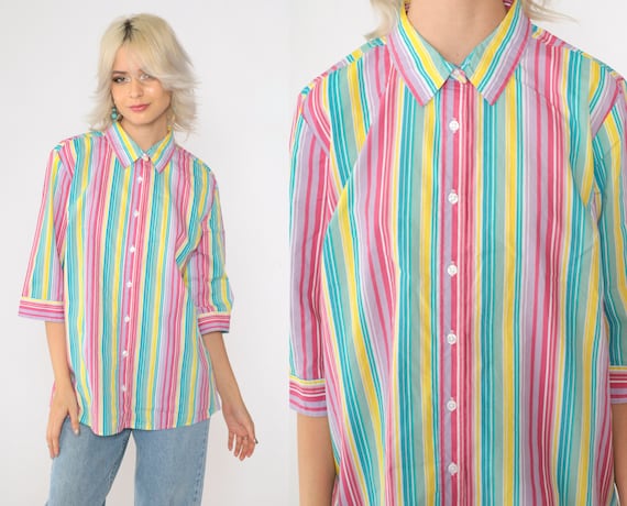 00s Striped Shirt Bright Rainbow Blouse Y2K Vintage Button