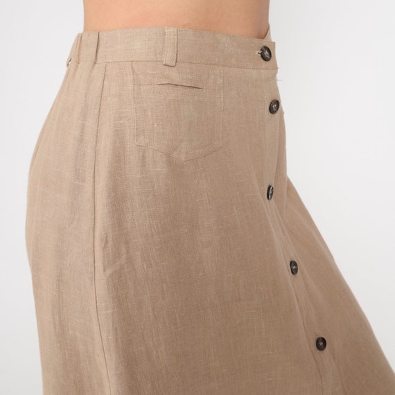 Linen Midi Skirt 80s Tan Button Up Straight Skirt… - image 6