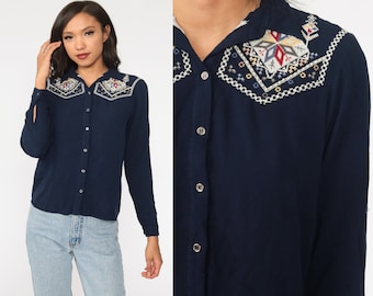 Beaded EMBROIDERED Top Navy Blue Floral Blouse Hippie Shirt Boho Button Up Shirt 90s Vintage Bohemian Long Sleeve Small