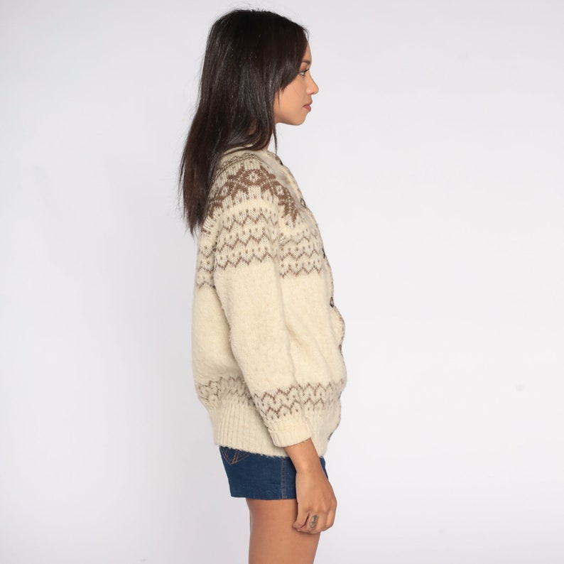 Fair Isle Cardigan 80s Cream Wool Button Up Sweater Retro Norwegian Sweater Knit Nordic Cozy Natural Brown Fall Vintage 1980s Extra Small xs image 5