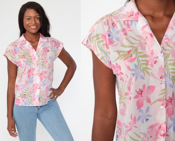 Tropical Floral Shirt Pink Hawaiian Blouse Button Up 80s Vintage Surfer Vacation Short Cap Sleeve Hibiscus Print Retro Top Medium