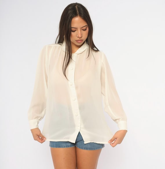 80s Cream Sheer Blouse Button Front Long Sleeve Rolled Collar Ivory Off White Puff Secretary Top Romantic Coquette Shirt Vintage Small S