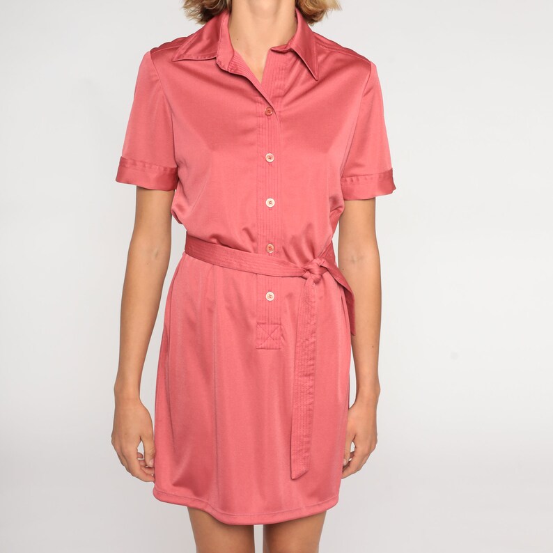 Pink Mini Dress 70s Shirtwaist Dress Retro Button Up Shift Dress Short Sleeve High Waisted Secretary Preppy Casual Vintage 1970s Medium M image 7
