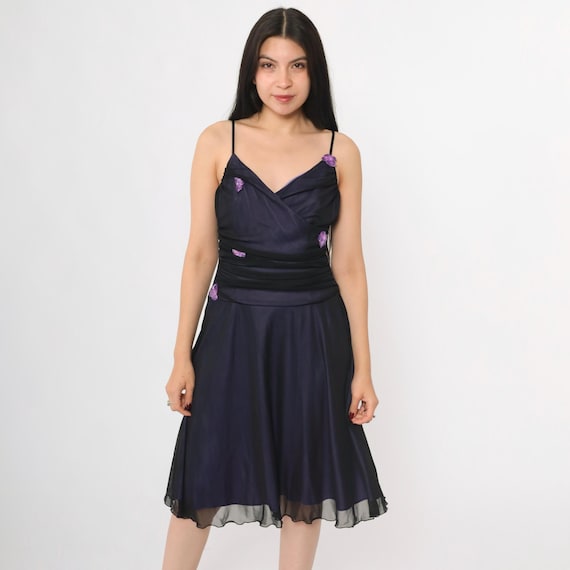 Y2K Purple Mesh Dress Black Floral Applique Spaghetti Strap Midi Party V Neck Sheer Vintage Low Waist Lavender Going Out Formal Small Medium