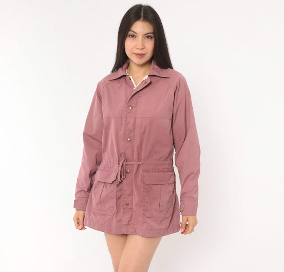 80s Mauve Woolrich Jacket Waist Snap Button Front Anorak Rose Pink Utility Coat Cinched Field Collared Long Sleeve Vintage Parka Medium M