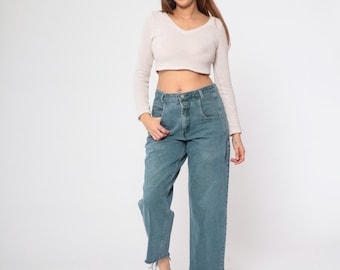 Pantalones vaqueros Guess de los años 90, de corte recto, de tiro alto, deshilachados, de color verde, con botones en la bragueta, estilo retro, estilo vintage, holgados, de los años 90, 31 x 30