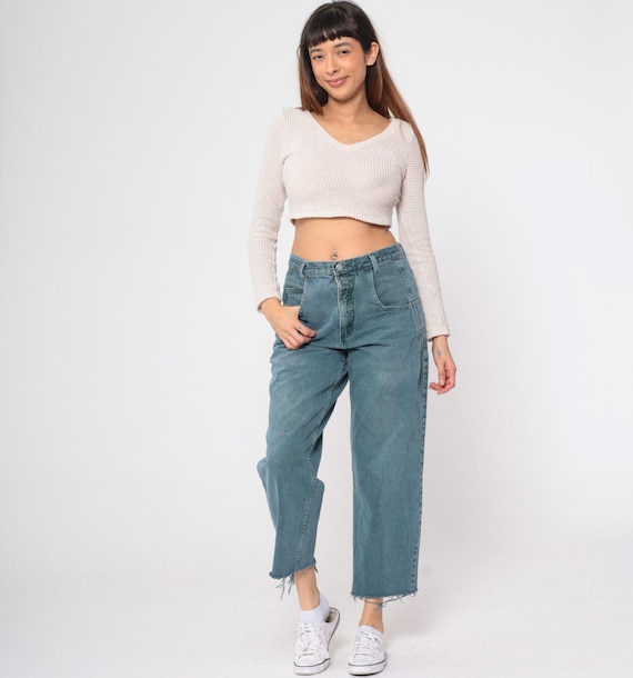 90s Guess Jeans Green Straight Leg High Waisted Rise Frayed Cutoff Jeans Retro Button Fly Denim Pants Relaxed Vintage 1990s 31 x 30