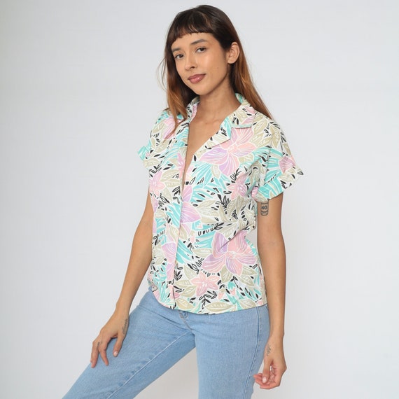 Pastel Hawaiian Top 80s Tropical Floral Button Up Shirt Turquoise Pink Flower Leaf Print Boho Cap Sleeve Summer Blouse Vintage 1980s Small S