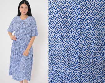 90s Blouson Dress Geometric Floral Print Blue White Button Up Pleated Midi Skirt Shirtdress Vintage 1990s Short Sleeve Dress Petite Small