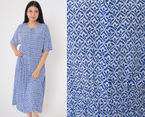 90s Blouson Dress Geometric Floral Print Blue White Button Up Pleated Midi Skirt Shirtdress Vintage 1990s Short Sleeve Dress Petite Small