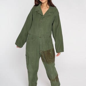 Army Coveralls 80s Distressed Flight Suit Military Jumpsuit Button Up Onesie Long Sleeve Boiler Suit Olive Green Vintage 1980s Mens Large image 2