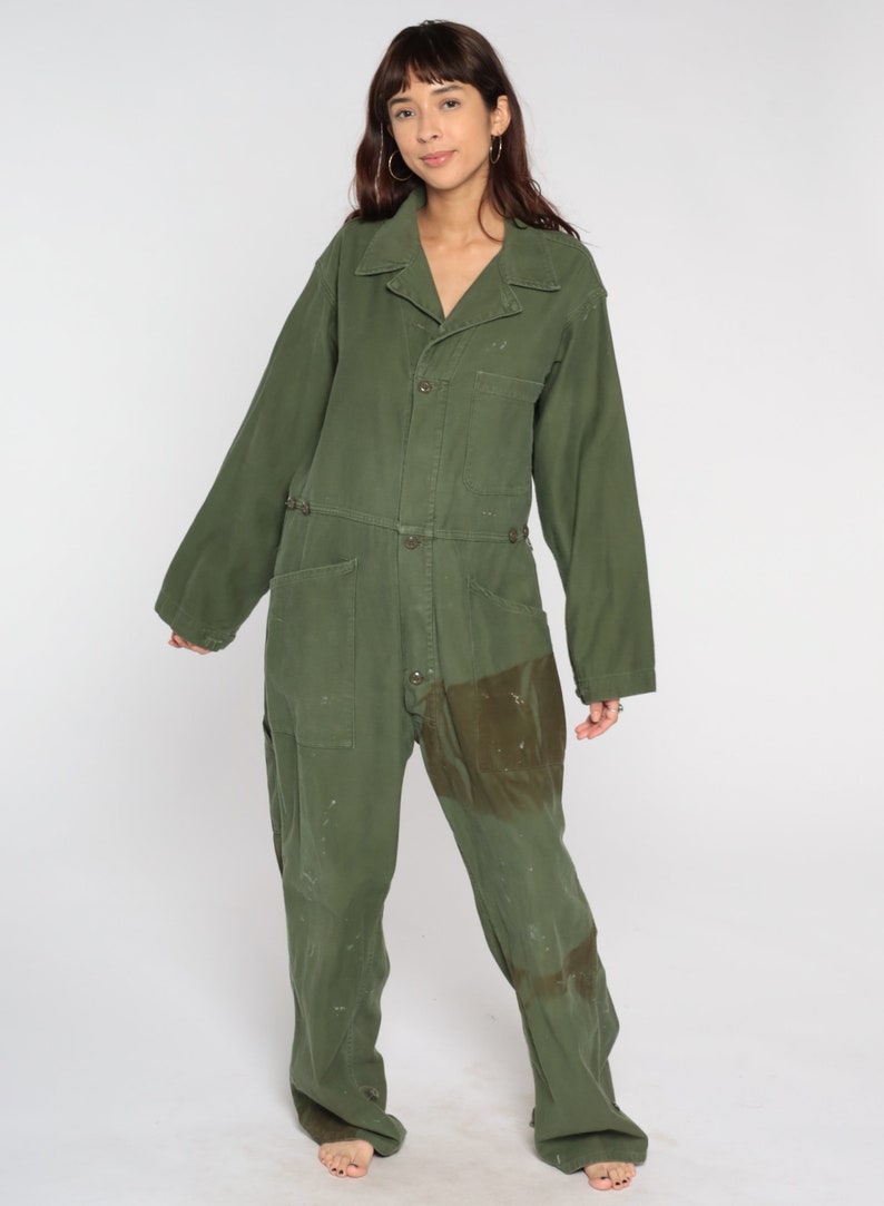 Army Coveralls 80s Distressed Flight Suit Military Jumpsuit Button Up Onesie Long Sleeve Boiler Suit Olive Green Vintage 1980s Mens Large image 2