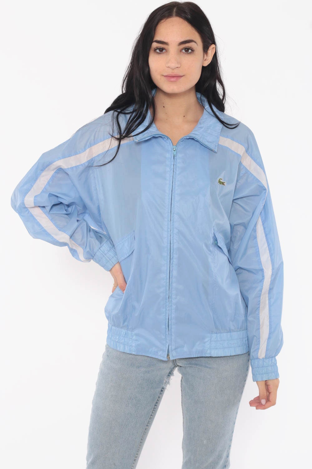 Lacoste Windbreaker Jacket 80s Baby Blue Striped Jacket Crocodile Coat Vintage 1980s Wind 