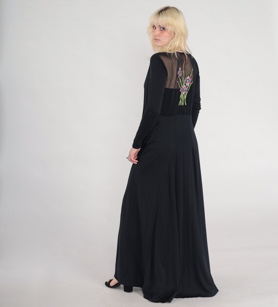 Long Black Robe 90s Silk Floral Embroidered Robe … - image 3