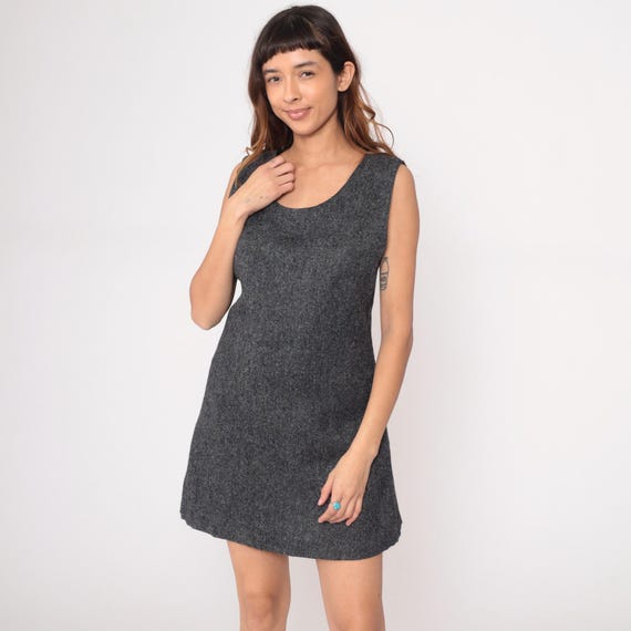 90s Gray Wool Mini Dress Shift Knee Length Minimalist Dark Academia Charcoal Mary Jane Marcasiano Designer Autumn Layering Vintage Medium M