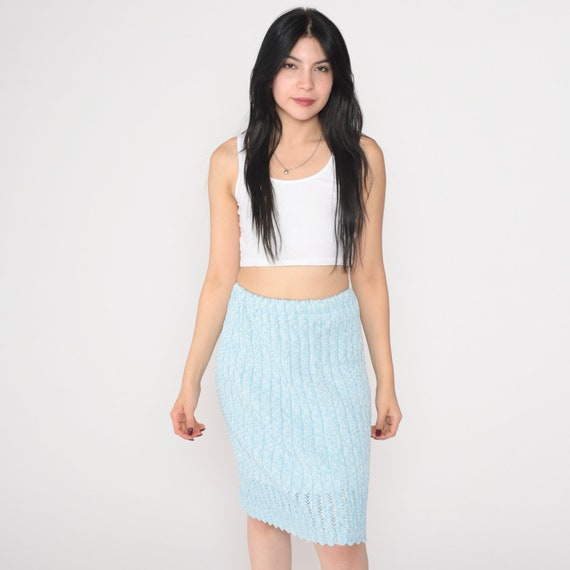 Baby Blue Skirt 70s Knit Mini Skirt Cutout Ribbed Pencil Skirt High Waisted Retro Pastel Simple Miniskirt Vintage 1970s Extra Small XS S