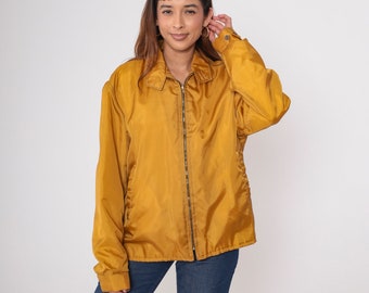 70s Mustard Windbreaker Jacket Retro Plain Fuzzy Faux Fur Lined Zip Up Boho Jacket Sports Yellow Bohemian Vintage 1970s Retro Large L
