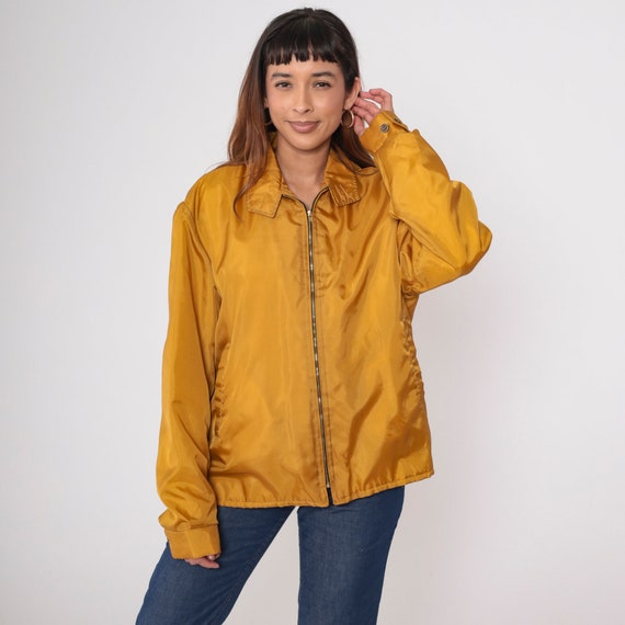 70s Mustard Windbreaker Jacket Retro Plain Fuzzy Faux Fur Lined Zip Up Boho Jacket Sports Yellow Bohemian Vintage 1970s Retro Large L