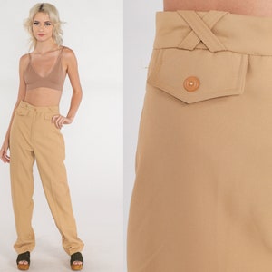Tan Trousers 70s Saddleback Pants High Waisted Rise Creased Straight Leg Retro Basic Seventies Neutral Plain Slacks Vintage 1970s Small 27