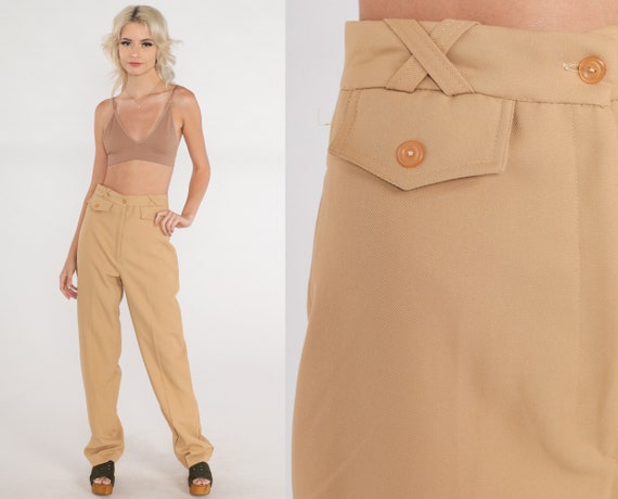 Tan Trousers 70s Saddleback Pants High Waisted Rise Creased Straight Leg Retro Basic Seventies Neutral Plain Slacks Vintage 1970s Small 27