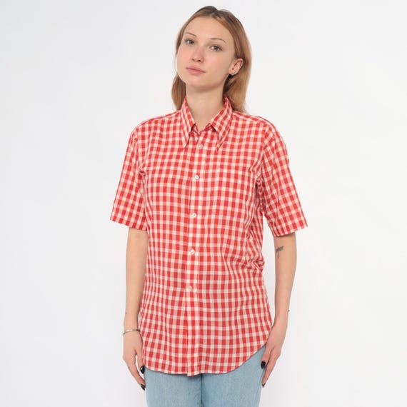 80s Red Gingham Shirt Short Sleeve Collared Blouse White Check Pattern Cottagecore Preppy Picnic Cotton Summer Casual Vintage Top Large L
