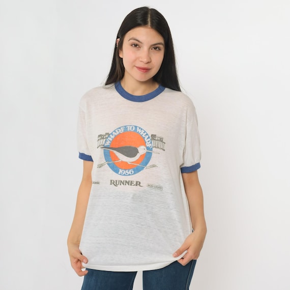 80s Wharf To Wharf Race Shirt 1986 Santa Cruz Run California Ringer Tee Sandpiper Running Sports Vintage 1980s Sheer Thin Stedman Medium M