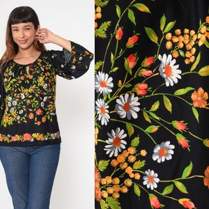 70s Floral Blouse Black Bell Sleeve Top Boho Hippie Flower Print Shirt Keyhole Festival Seventies Long Sleeve Vintage 1970s Medium Large image 1