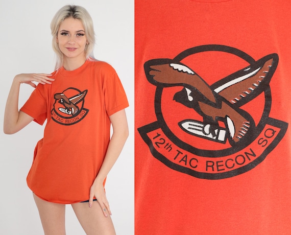 12th Tac Recon Sq Shirt 80s US Air Force T-shirt F-16 12th Reconnaissance Squadron Graphic Tee Single Stitch Orange Army Vintage 1980s Large