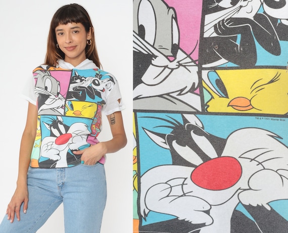 90s Looney Tunes Shirt Mesh Hoodie Bugs Bunny Tweety Bird Tshirt 1990s Hooded Sylvester Cat Graphic Retro Vintage Warner Bros Extra Small xs