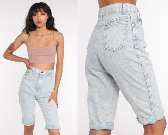 90s Jean Shorts 25 -- Floral Trim Acid Wash Bermuda Jean Shorts Light Blue 80s Denim Shorts High Waist 1990s Vintage Cuffed Extra Small xs
