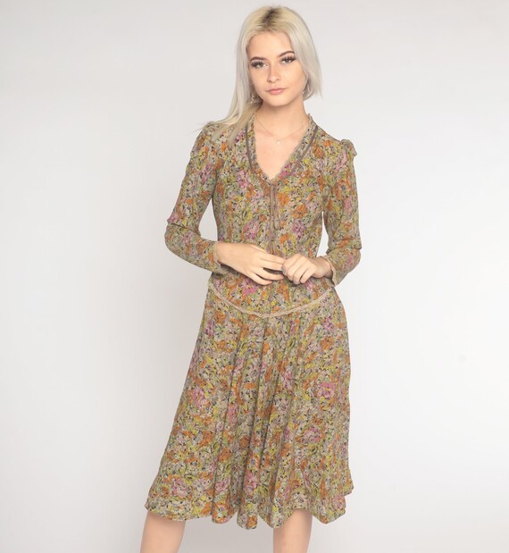 70s Floral Dress Long Puff Sleeve Knee Length Dress Boho Floral Print Bohemian Hippie Victorian Peasant Summer Fairy Vintage 1970s Medium M