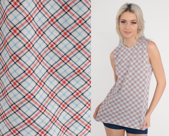 Mod Tank Top 70s Blouse Plaid Sleeveless Shirt Red White Blue Checkered Print Retro Summer Americana Seventies Vintage 1970s Small S