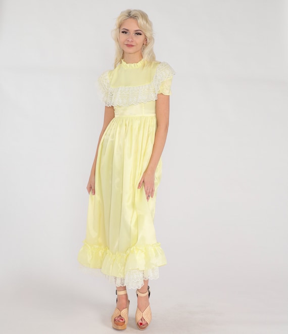 Yellow Victorian Dress 70s Party Dress Lace Trim Midi Dress High Waisted Ruffle Neck Puff Sleeve Retro Formal Prom Vintage 1970s 2xs xxs