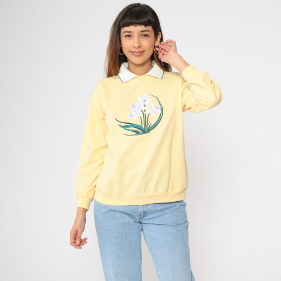 Vintage Collared Floral Sweatshirt 90s Yellow Grandma Sweatshirt 1990s Slouchy Kawaii Graphic Slouchy Medium M