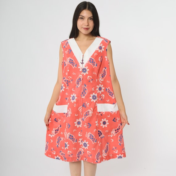 60s Nautical Dress Coral Red Blue White Anchor Print Cotton Vintage Mod Sailor Maritime Ocean Beach Summer Resort Vacation Extra Large XL