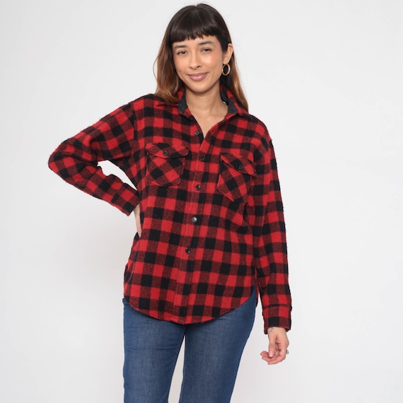80s Woolrich Shirt Buffalo Plaid Shirt Wool Blend Flannel Button Up Red Black Long Sleeve Checkered 1980s Grunge Medium
