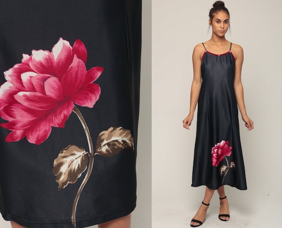 Black Floral Dress Party Grunge Midi Dress 90s CORSET BACK Bohemian Summer 1990s Spaghetti Strap Vintage Boho Tank Dress Small Medium