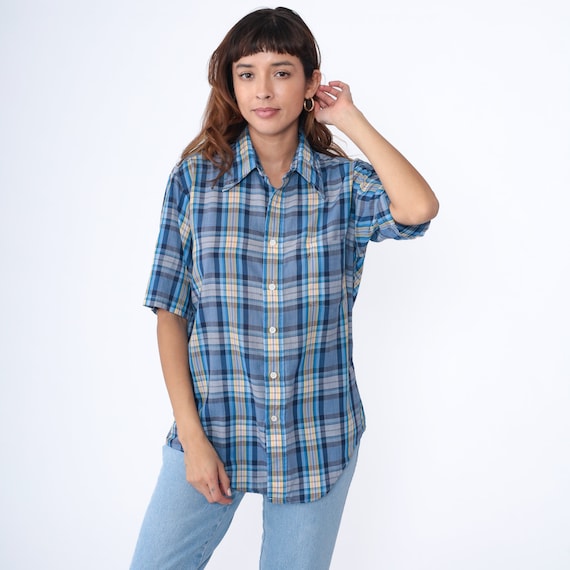 Blue Plaid Shirt 70s Button Up Shirt Pointed Dagger Collar Yellow Checkered Retro Preppy Short Sleeve Vintage 1970s Men's 15 1/2 Medium