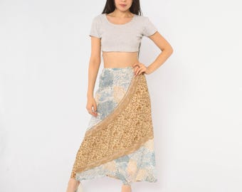 Y2K Leopard Print Skirt Tan Blue Paisley Rose Floral Lace Long Semi Sheer Elastic Waist A Line Animal Print Vintage Extra Large XL