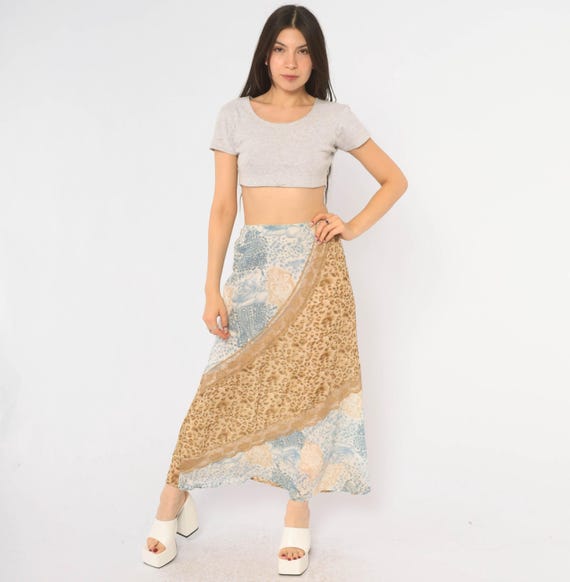 Y2K Leopard Print Skirt Tan Blue Paisley Rose Floral Lace Long Semi Sheer Elastic Waist A Line Animal Print Vintage Extra Large XL