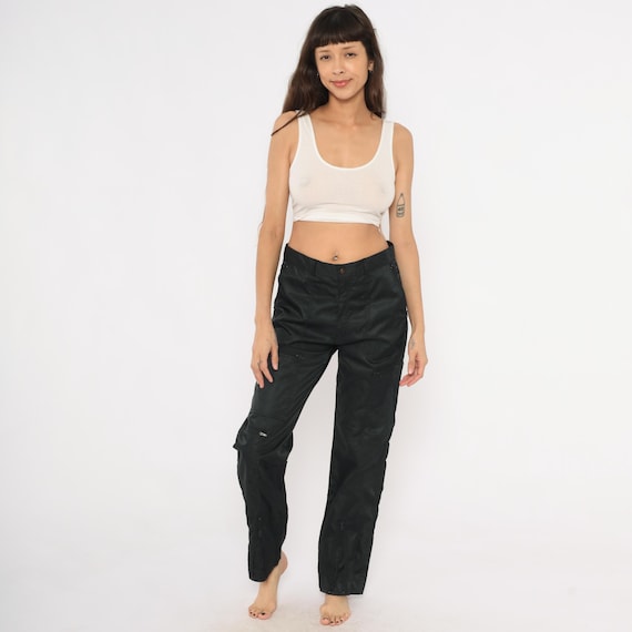 Black Nylon Cargo Pants Y2K Utility Trousers Zip Pocket Straight Leg Low Rise Technical Street Style Dark Gorpcore Techno Raver 32 Medium M
