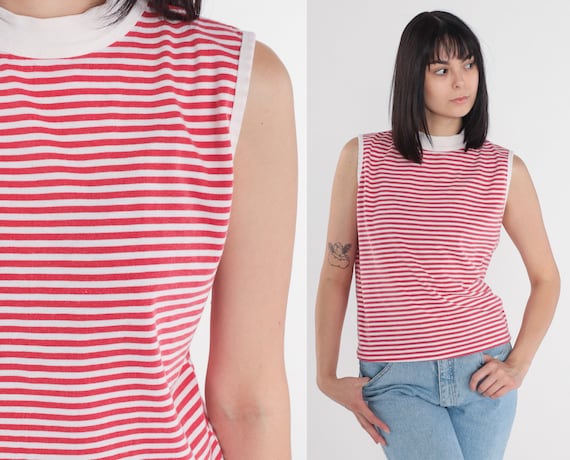 Striped Tank Top 90s Ringer Tee Mockneck Sleeveless T-Shirt Red White Mock Neck Summer Basic Plain Cotton Single Stitch Vintage 1990s Large