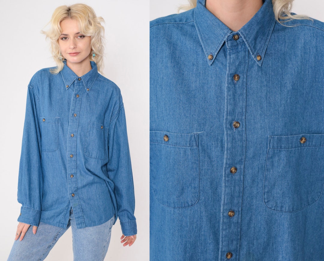 Jones New York Vintage 90s Chambray Denim Belted Shirt Size L