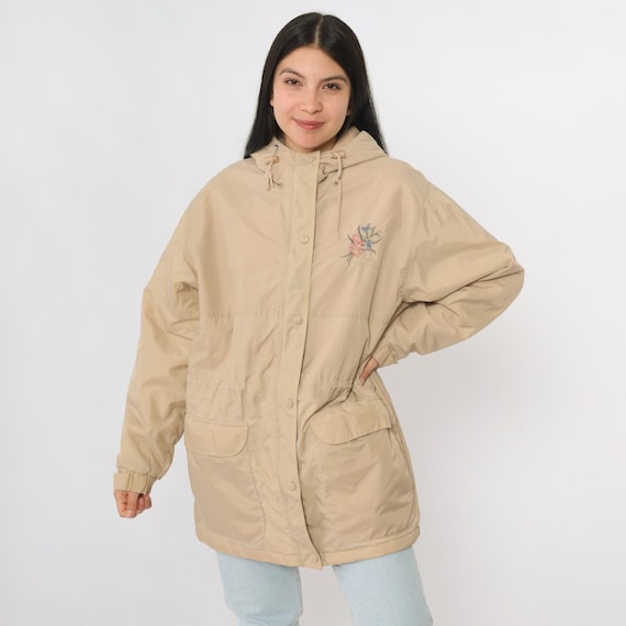 Vintage Tan Hooded Jacket 90s Floral Embroidered Windbreaker Lightweight Nylon Zip Coat Fleece Lined Parka 1990s Northern Reflections Small